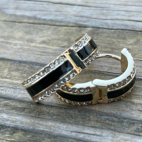 DKNY Women Earrings GoldBlack Tone Crystal Accent Hinge Ladies Ear Jewelry New - Picture 4 of 12